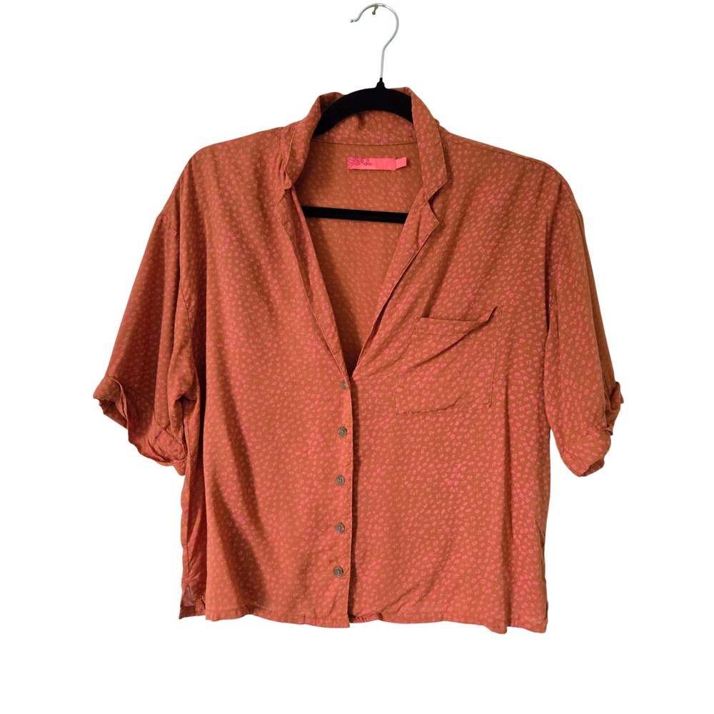 prAna Womens Small Button Down Shirt Orange Pink Iguala Boxy Short Sleeve Crop